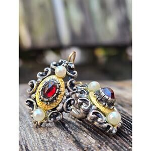 1900s German Red Pyrope Garnet, 585 GOLD, 800 Silver, Pearl Biedermeier Earrings